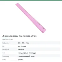 Лінійка прозора пластикова, 30 см